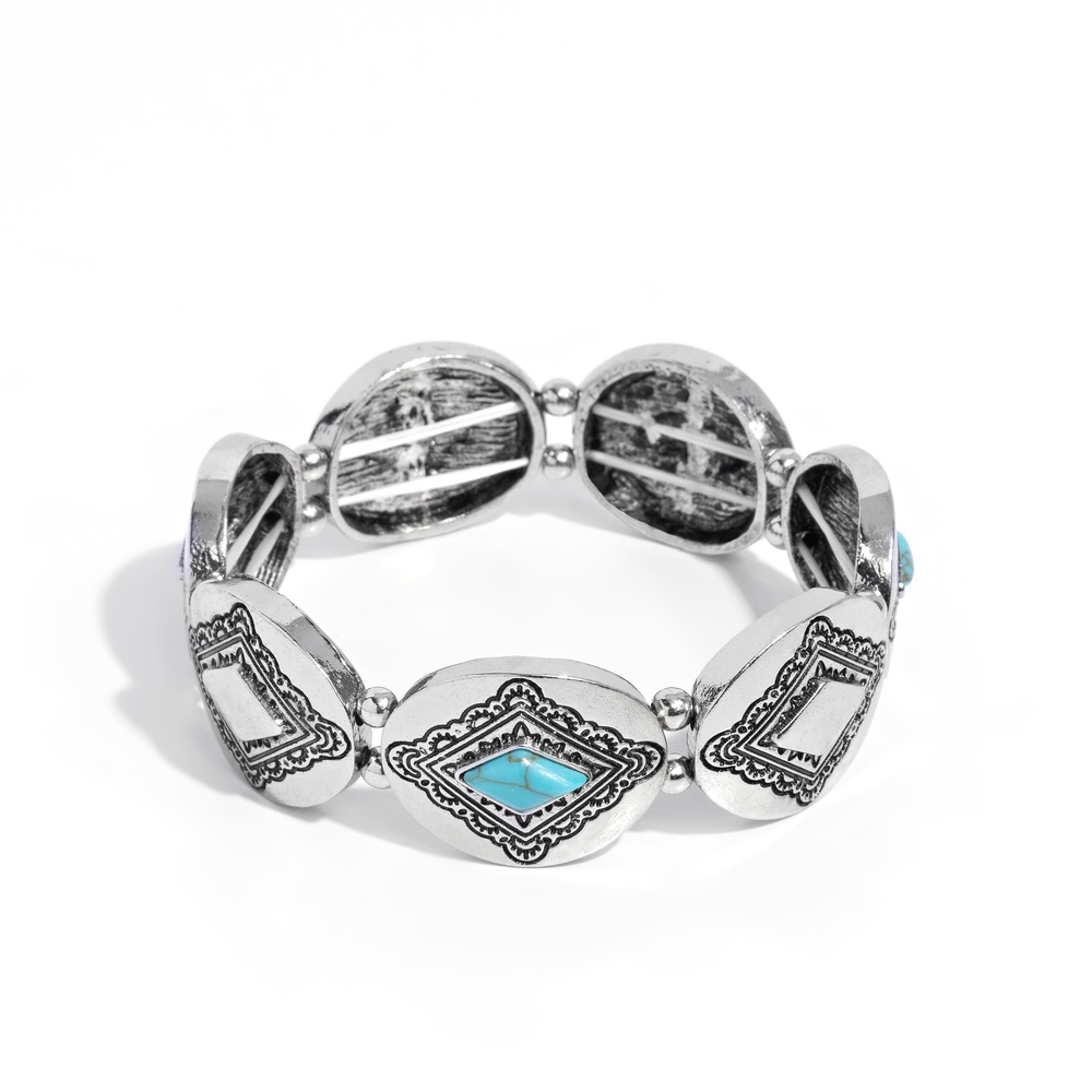 Silver and Turquoise Bracelet Elemental Example Blue Stretchy Fashion Jewelry